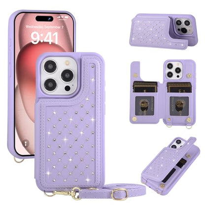 Crossbody Wallet Case for iPhone 12 Pro Max(6.7") with Detachable Strap - PU Leather Flip Folio with Card Slots & RFID Blocking, Sparkling Diamond Accents-Purple - color: Purple, size: iPhone 12 Pro Max(6.7")