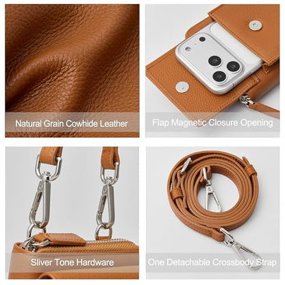 DORIS&JACKY Small Leather Crossbody Purse and Cell Phone Wallet for Women | RFID Blocking Shoulder Bag with Front Phone Pocket, Come with Long Detachable Strap and 12 Credit Card Slots - color: 3-brown