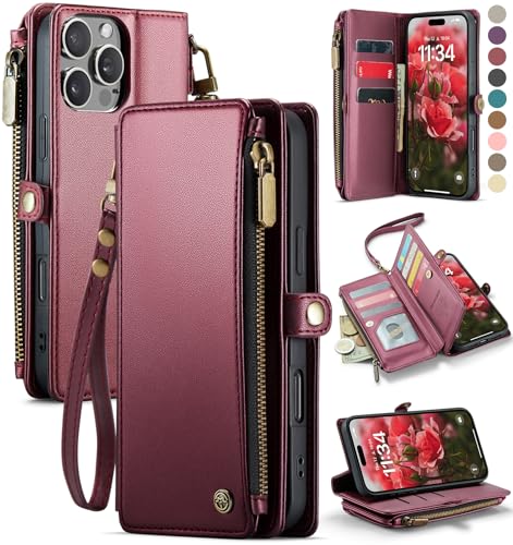 Defencase for iPhone 16 Pro Max Wallet Case with RFID Card Holder, Wine Red | Durable Soft PU Leather, with Zipper Pocket, Wrist Strap, Fashion Snap Flip Phone Cases Cover with Stand for Women and Men - color: Wine Red