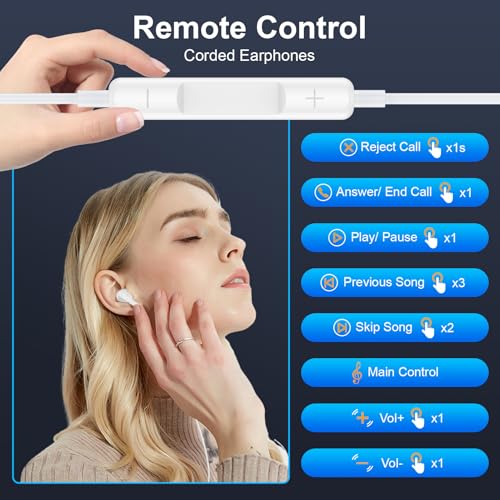 for iPhone 18 17 16 Headphones Wired Earbuds, USB C Earbuds Wired Ear Buds - color: White