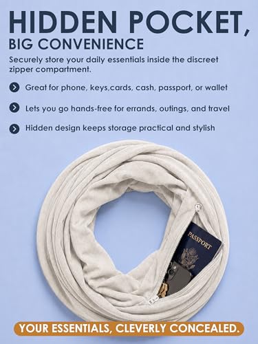 Pop Fashion Solid Color Hidden Zipper Pocket Scarf - Fashion Scarf for Women - All Seasons - color: Heather Grey