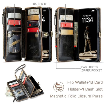Defencase for Samsung Galaxy S26 Wallet Case with RFID Card Holder, Coffee | Durable Soft PU Leather, with Zipper Pocket, Wrist Strap, Fashion Snap Flip S26 Phone Cases Cover with Stand for Women Men - color: Coffee