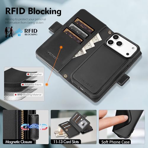 Antsturdy Compatible with MagSafe iPhone 17 Pro Wallet Case,Black | Detachable Magnetic Credit Card Holder,RFID Blocking,PU Leather Zipper Purse,Wrist Strap Kickstand,Flip Phone Cover for Women - color: (Detachable with Magsafe)-Black