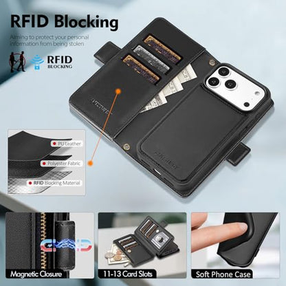 Antsturdy Compatible with MagSafe iPhone 17 Pro Wallet Case,Black | Detachable Magnetic Credit Card Holder,RFID Blocking,PU Leather Zipper Purse,Wrist Strap Kickstand,Flip Phone Cover for Women - color: (Detachable with Magsafe)-Black