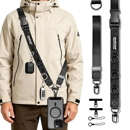 Cell Phone Lanyard Crossbody Built 3 Hooks & Anti-Slip Wrist Strap (Dark Black, Large: Width 0.98''/Length 36.61'' – 67'') - color: Dark Black, size: Large: Width 0.98''/Length 36.61'' – 67''