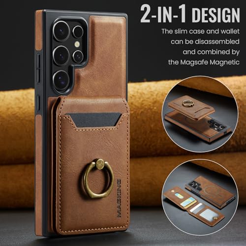 for Samsung Galaxy S26 Ultra 2 in 1 Detachable Card Bag Wallet Case Durable Leather Wallets Magnetic Card Holder 4 Card Slots Ring Stand RFID Blocking Brown - color: Brown, size: Samsung Galaxy S26 Ultra