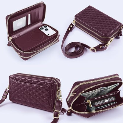 Harryshell Compatible with iPhone 17 Pro Max Case Wallet Multi Zipper Detachable Removable Cover with RFID Blocking Card Slot Holder Mirror Crossbody Strap (Compatible with Magsafe-Quilted Burgundy) - color: Compatible with Magsafe - Quilted Burgundy, siz