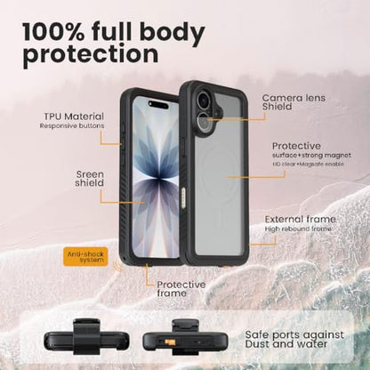 MOTIVE Waterproof Case with Belt Clip iPhone 17, Magnetic | 6.3" | Built-in screen protector, 360° protection, compatible with MagSafe, 360° belt holster - size: iPhone 17