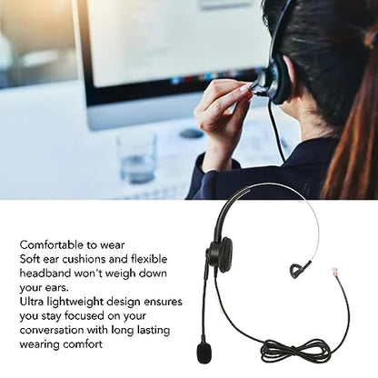 Telephone Headset Single Ear, Professional Noise Canceling Adjustable Wired Phone Headset for Call Center Customer Service, Noise Canceling Business Single Ear
