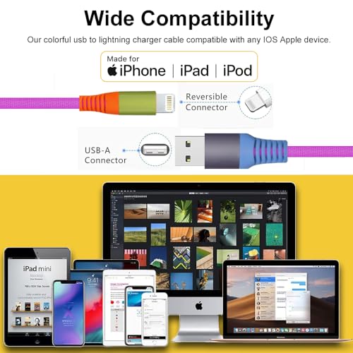 6.6ft Rainbow Gradual Braided Lightning Cable, USB A to Lightning Charging Cable for iPhone 14/13/12/11/XS/XR/X/8/7/6/5/SE/iPad/Air/Mini/iPod - size: 6.6FT