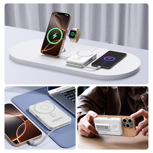 Magnetic Portable Charger Built-in Cables,10000mAh Fast Charging Wireless Charger Station External Battery Pack Slim Pocket Size Power Bank with Stand Compatible with iWatch, iPhone - color: White