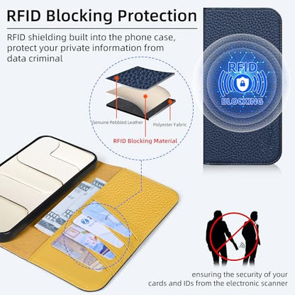 VISOUL Pebbled Leather Wallet Case for iPhone 17 Pro Max 6.9" 2025, Genuine Leather Flip Folio Cover with RFID Blocking Card Holders, Kickstand, Soft TPU Protective Flip Cover -Blue+Yellow - color: Blue+Yellow