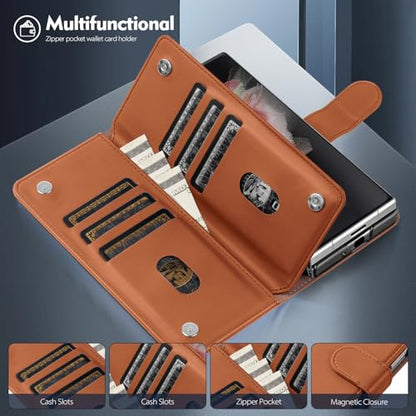 Shieldtop Compatible with Samsung Galaxy Z Fold 3 Wallet Case with Card Holder,Women Man RFID Blocking PU Leather Flip Shockproof Protective Cover Credit Card Holder Slots Kickstand,Light Brown - color: Light Brown, size: Samsung Galaxy Z Fold 3