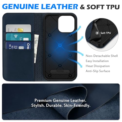 SHIELDON Genuine Leather Case Wallet for iPhone 16 Pro Max 6.9", Navy Blue | Magnetic Closure, RFID Blocking, Credit Card Slot, Viewing Stand, Foldable Design, Shockproof TPU Phone Cover - color: Navy Blue