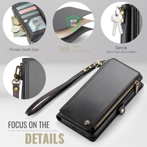 Defencase for Samsung Galaxy A37 5G Wallet Case with Card Holder, Black | RFID Blocking, Zipper Pocket, Durable PU Leather, Wrist Strap, Fashion Snap Flip Phone Cases Cover with Stand for Women Men - color: Black