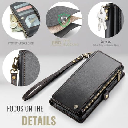Defencase for Samsung Galaxy A37 5G Wallet Case with Card Holder, Black | RFID Blocking, Zipper Pocket, Durable PU Leather, Wrist Strap, Fashion Snap Flip Phone Cases Cover with Stand for Women Men - color: Black