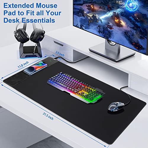 Mouse Pad with Wireless Charging, Gaming Mousepad, 31.5"x15.7" Extra Large Desk Mat XXL, Non-Slip Rubber Base, Waterproof Computer Keyboard Pad for Gaming, Home, Office, Black Desk Pad - color: Carbon Black