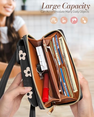 Miss Adola Phone Purse for Women Leather Crossbody Bag | Large Phone Pocket, Magnetic Snap, Zipper Pocket, 4 Card Slots, Adjustable Shoulder Strap, Leather Small Purse for Daily Use - color: Black Flower