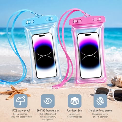Waterproof Phone Pouch Case-[2 Pack][Easy Lock & Heavy Duty] IPX8 Water Proof Cell Phone Dry Bag for Beach,Swim Protector for iPhone 17 16 15 14 13 12 11 Pro Max Plus, Galaxy S25,7.2",Blue and Pink