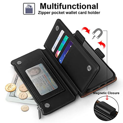 Antsturdy for iPhone 14 Phone Wallet Case Women,Black | Shockproof RFID Blocking PU Leather Flip Cover Kickstand Zipper Card Holder Slots with Wrist Strap - color: Black