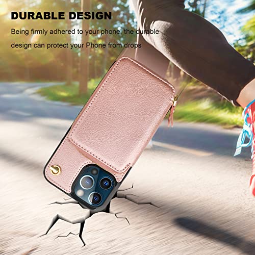 Bocasal Multi-Slot Crossbody Wallet Case for iPhone 12 Pro Max, Rose Gold | RFID Blocking PU Leather Purse Case with Card Holder, Handbag Flip Cover with Zipper Wrist Strap Lanyard for Women 6.7 Inch - color: Rose Gold
