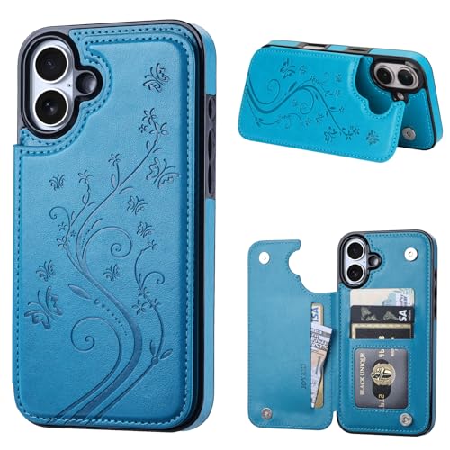 Wallet Case Compatible with iPhone 16 Plus 6.7”, Slim Protective Case with Card Holder,Premium PU Leather Kickstand Card Slots Case with Double Magnetic Clasp-Blue - color: Blue-F, size: iphone 16 Plus 6.7"