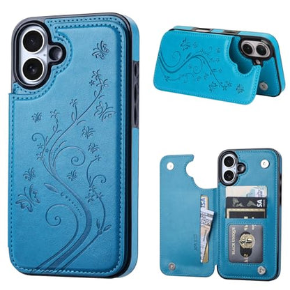 Wallet Case Compatible with iPhone 16 Plus 6.7”, Slim Protective Case with Card Holder,Premium PU Leather Kickstand Card Slots Case with Double Magnetic Clasp-Blue - color: Blue-F, size: iphone 16 Plus 6.7"