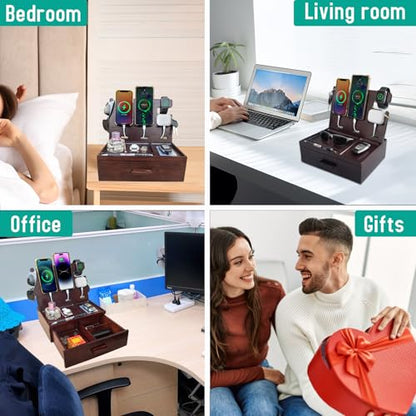 Nightstand Organizer with Drawer Built in 4 USB Quick Charger, Wood Phone Docking Station with Dual Phone Charging Station for Apple Android Phones Anniversary Birthday Gifts for Men Dad Hunsband Mom