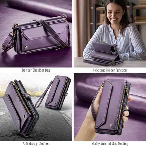 for Google Pixel 10a 6.3" Case, Women Men Multi-Function Wallet Case with Stand RFID Blocking Includes Shoulder Strap Wrist Strap Google Pixel 10a (Purple) - color: Purple