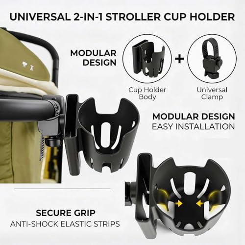 2-in-1 Universal Cup Holder with Phone Holder for Walker Wheelchair Rollator Stroller Bike Mobility Scooter, Adjustable Drink & Cellphone Storage, Easy Zip Tie Mount, Black