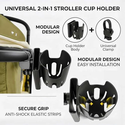 2-in-1 Universal Cup Holder with Phone Holder for Walker Wheelchair Rollator Stroller Bike Mobility Scooter, Adjustable Drink & Cellphone Storage, Easy Zip Tie Mount, Black