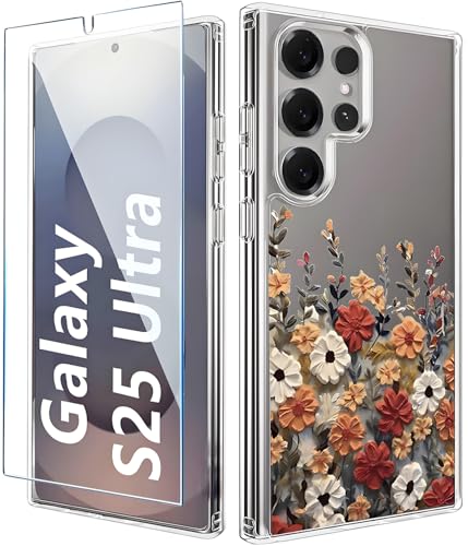 for Samsung Galaxy S25 Ultra Case Clear Cute Floral Girly FlowerDesign | S25 Ultra Case with Screen Protector [Camera Protection] Slim Shockproof Cover for Samsung S 25 Ultra Phone Cases for Women - color: Flowers, size: S25 Ultra Case