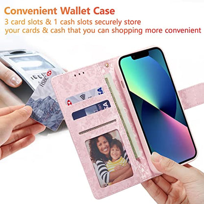 UEEBAI Wallet Case for iPhone 15, PU Leather Phone Cover Kickstand RFID Blocking Flip Case Card Slots Wrist Strap Relief Engraved Pattern Magnetic Closure Flower Folio Wallet, Lavender - color: Lavender, size: iPhone 15