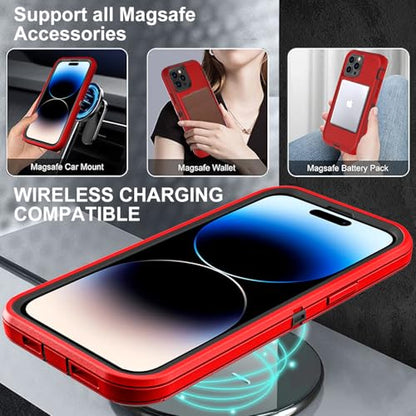 YKHJKLEC for iPhone 14 Pro Case, Compatible with Magsafe, Military Grade 3 in 1 Heavy Duty Shockproof/Drop Proof/Dust Proof Case with 2Pcs Tempered Glass Screen Protector (New-Red/Black) - color: New-Red/Black