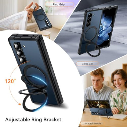 Hensinple for Samsung Galaxy Z Fold 6 Case with Ring Stand, [Compatible with MagSafe][Slim Fit], Magnetic Charing Translucent Back Shockproof Phone Case for Z Fold 6, Black - color: Black