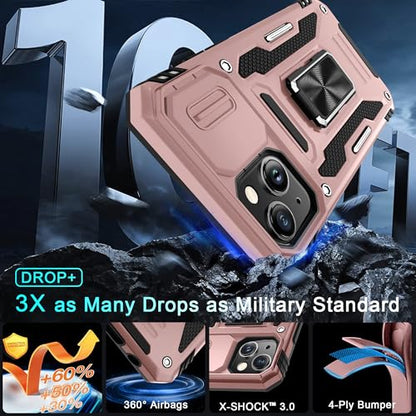 DEERLAMN Case for iPhone 15 with Slide Camera Cover + Screen Protector (2 Packs), Rotated Ring Kickstand Military Grade Shockproof Protective Cover-Rose Gold - color: Rose Gold