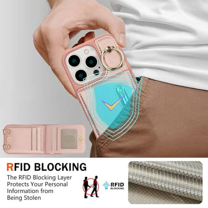 Crossbody Wallet Case for iPhone 12 Pro Max, with Card Slots Zipper Pocket Case, Flip Folio Purse RFID Blocking with Ring Kickstand Detachable Strap-Pink - color: Pink, size: iPhone 12 Pro Max(6.7")