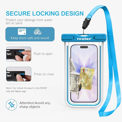 ivoler 2-Pack Waterproof Phone Pouch, Cell Phone Dry Bag for iPhone 17/16/15 Pro Max, Samsung S26/S25 Ultra, Waterproof Phone Case for Beach, Cruise Essentials & Travel, [Fit Up to 7''] - color: Neon Blue & Neon Rose Red