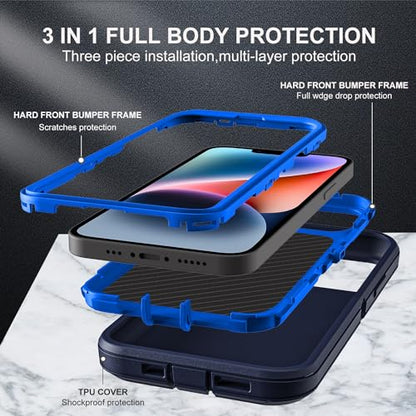 YKHJKLEC Military Grade 3 in 1 Heavy Duty Case for iPhone 13/14 - Shockproof, Drop Proof, Dust Proof With 2Pcs Tempered Glass Screen Protector (Navy Blue) - color: Navy Blue