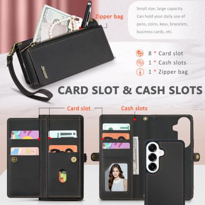 for Samsumg Galaxy S25 Wallet Case, Detachable Magnetic Shockproof Phone Case,Faux Leather Crossbody Wallet,with RFID Blocking，Zipper Card Holder，Shoulder Strap (Black) - color: Black, size: Samsumg Galaxy S25