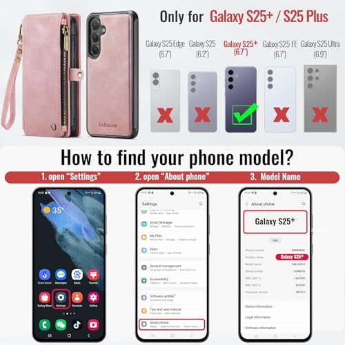 Defencase for Galaxy S25 Plus Case Wallet Compatible with Magsafe, Rosepink | Magnetic Detachable, RFID Bolcking Card Holder, Zipper Strap, PU Leather Drop-Proof Phone Cover for Samsung Galaxy S25+/Plus - color: (Detachable with Magsafe)-Pink