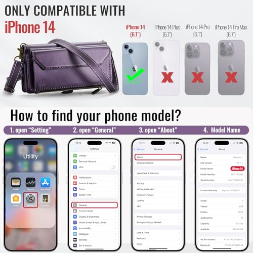 Strapurs Wallet Case Compatible with iPhone 14 RFID Blocking 7-Card Holder Soft PU Leather Magnetic Snap Shoulder Strap Zipper Pocket Phone Case Fit for iPhone 14 for Women 6.1" - Purple | RFID Blocking 7-Card Holder, Shoulder Lanyard, Wirst Strap, Zipper