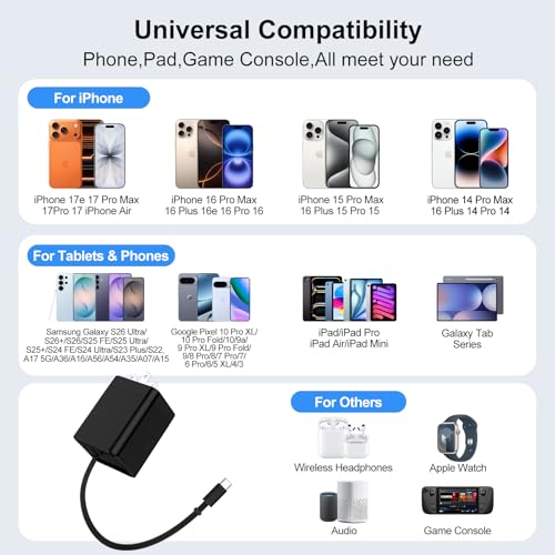 Retractable Wall Charger Cable 35W USB C Fast Charging Block for iPhone 17e - color: black