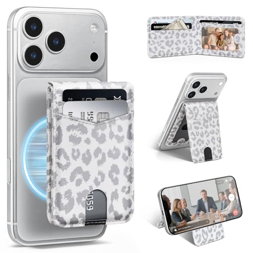 RFID Blocking MagSafe Wallet Stand with Card Holder,5 Card Slots & ID Window,PU Leather Magnetic Adjustable Kickstand for iPhone 12/13/14/15/16/17 Pro Max & Air Plus Series,Leopard-White - color: Leopard-White, style: Stand Wallet