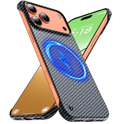 GRECAZO Magnetic Ultra-Thin Frosted Soft Touch Skin Borderless Carbon Fiber Style Texture for iPhone 17 Pro Frameless Case 6.3" Slim Minimalist Lightweight Matte Hard for MagSafe Cover Case-Black - size: iPhone 17 Pro