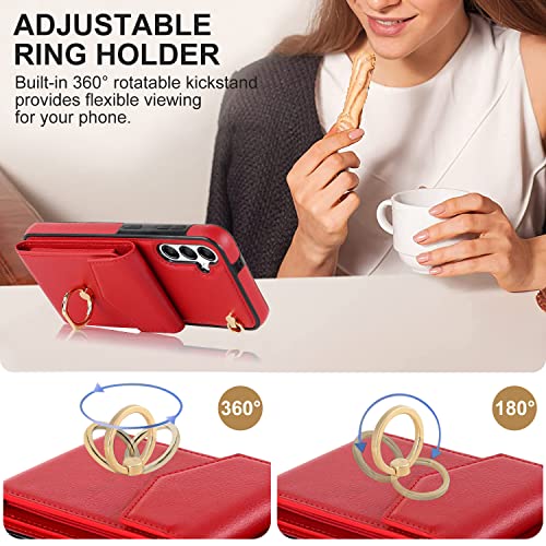 Asuwish Wallet Case for Samsung Galaxy A16 5G/4G Women Men Red | with Tempered Glass Screen Protector, Ring Holder, RFID Blocking, Card Holder, Wrist Strap, PU Leather, Cover for A 16 - color: Red