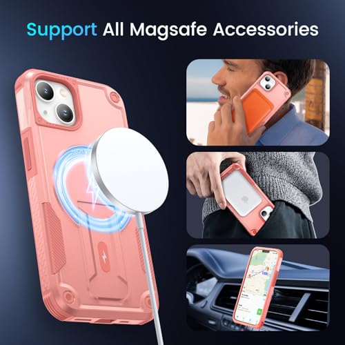 Caka for iPhone 13 Case & iPhone 14 Case with Stand Pink | Compatible with MagSafe, Built-in Hidden Kickstand, Solid Protective Dual-layer TPU+PC Shockproof Magnetic Phone Cover - color: Pink
