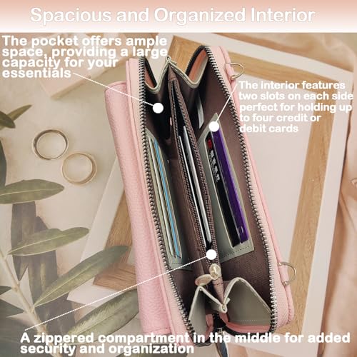Cell Phone Crossbody Lanyard with Zipper Pouch PU Leather Crossbody Phone Bags Purses with Strap Wallet - color: Pink
