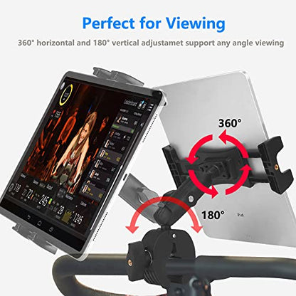 Treadmill Tablet Ipad Holder Bike Handlebar Mount Clamp for Stationary Bicycle Elliptical Spin Bike Peloton Stroller for 4-13" Devices, iPad Pro 12.9, Air, Mini, Galaxy Tabs, iPhone