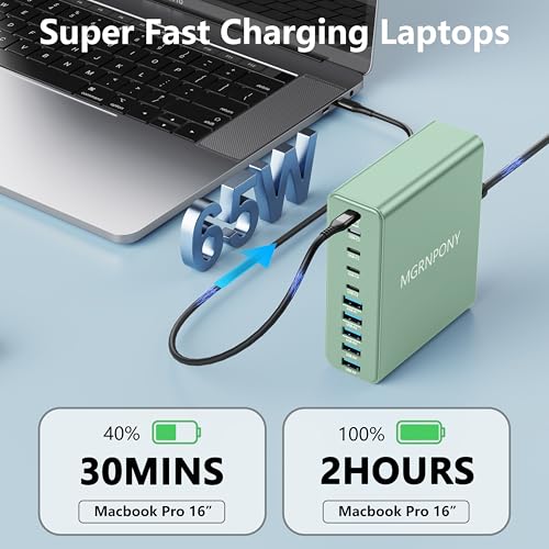 320W USB C Charger Block, MGRNPONY 10-Port GaN USB C Charging Station Green - color: Green